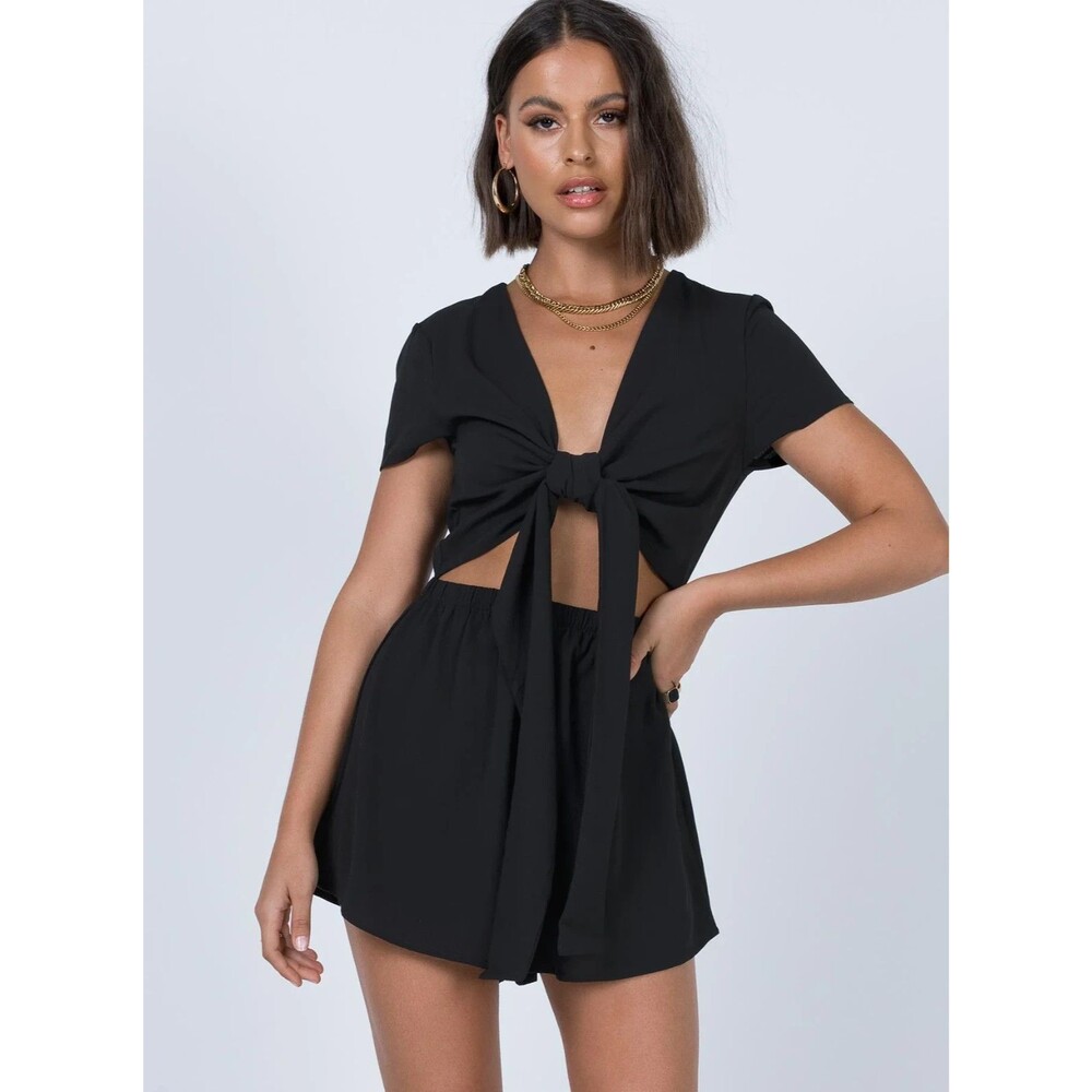 Boho Sporty Chic Grunge Night Out Princess Polly Ragnar Tie Front Romper Black 2 - Picture 1 of 8